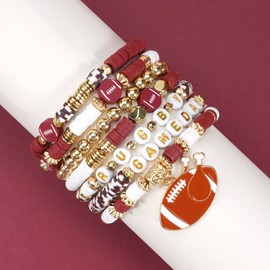 Ardorchid Rugby Bracelets for Women Stretchy Rope Football Beaded Bracelets Sport Brown Clay Letter Rugby Game Day Heishi Bracelet Jewelry 7PCS