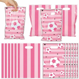 ArowlWesh 50Pcs Pink Soccer Party Favor Bags, Soccer Theme Plastic Candy Goodie Treat Gift Bag with Handles Football Team Sport Party Supplies Birthday Decoration Gift for Football Lovers