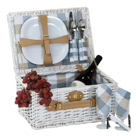 Picnic Plus Boothbay White 2 Person Willow Picnic Basket Set with Plates Flatware Wine Glasses Cotton Napkins Corkscrew 14 pcs Included