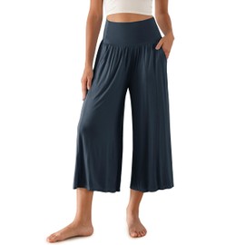 ODODOS Women's Wide Leg Palazzo Lounge Cropped Pants with Pockets Light Weight Comfy Casual Pajama Capri Pants-22 inseam, Midnight, X-Large