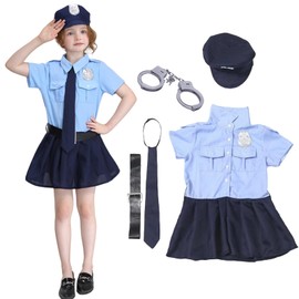 Moerstar Police Costume, Children, Girls, Officer, Halloween, Cosplay, Police, Uniform, 5-Piece Costume, Dress, Hat, Belt, Tie, Handcuffs, Police Officer, Women’s Policeman, Stage Costume, Event