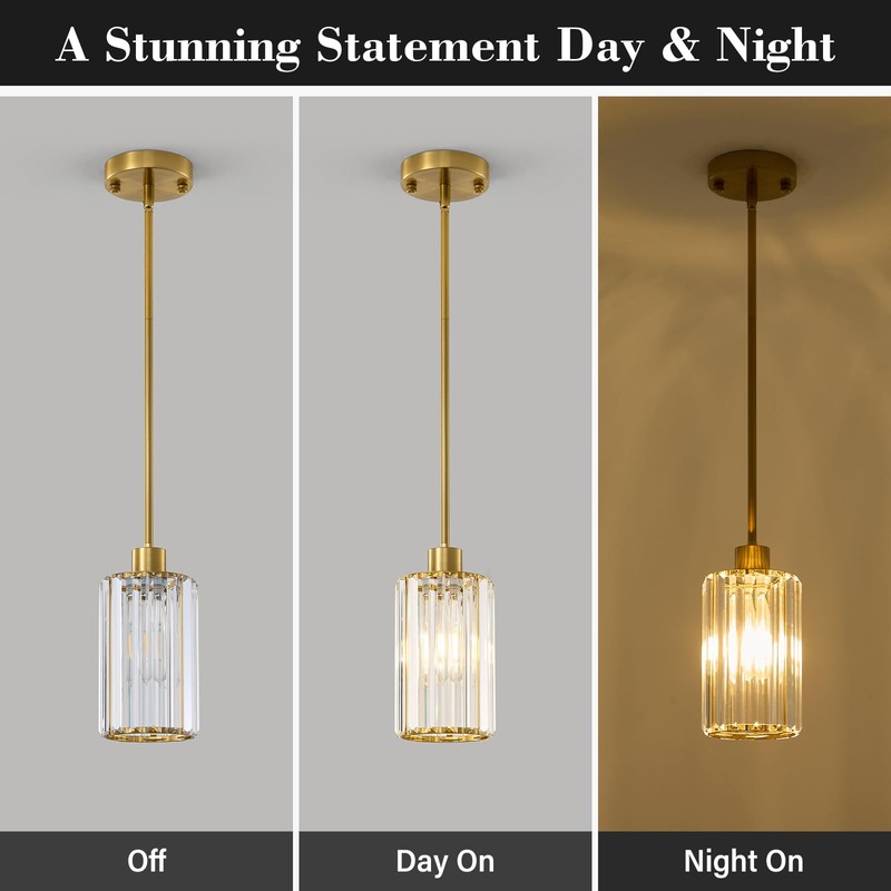 HONIEGG 5.1" Mini Modern Gold Crystal Kitchen Island Pendant Lights