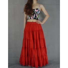 YSJERA Women's Cotton 5 Tiered A Line Pleated Maxi Skirt Long Boho Gypsy Dance Skirts (XL,Red)