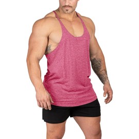 Muhshoiy Mens Stringer Bodybuilding Tank Tops Low Cut Off Y Back Gym Workout Training Stretch Polyester Quick Drying Muscle Shirt/Pink/M