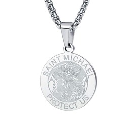 Wolentty Saint Michael Necklace - 1" Stainless Steel Round Religious St. Michael Medal Pendant Hanging with 24" Chain (Silver-plated)