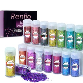 Renfio Holographic Chunky Glitter, 16 Colors Resin Glitter Set Each 10g/0.35oz PET Chunky Glitter Flakes Sequins Mix Fine Glitter for Crafts, Resin Accessories, Snow Globe Tumbler Supplies, Nails