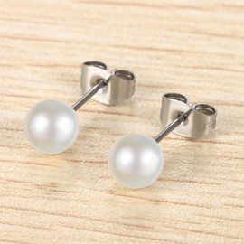 Flongo Women's Pearl Stud Earrings 3-8 mm Silver Black White Rose Gold Stainless Steel Stud Earrings Round Ball Beads Hypoallergenic Start Set for Girls Boys Women, 5 mm, Stainless Steel