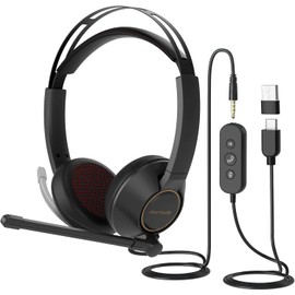 Nuroum HP11-DU Wired Headphones - Dual Ear (Stereo) Headphones with Microphone/Inline Control, Connects to PC/Mac/Mobile via USB A/Type C/3.5 mm, Compatible with Zoom/Teams for