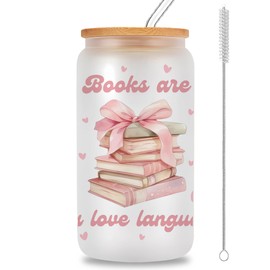 KATEKAT Book Lovers Gifts - Books Are My Love Language 16OZ Glass Cups with Lids and Straws - Bookish Present - Reading Gifts for Book Lovers, Women, Readers, Bookworm
