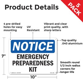 Emergency Preparedness Kit OSHA Notice Aluminum Sign 10 Inch x 7 Inch - 5 Pack