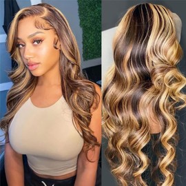 DUAUJUIU 13X4 Lace Front Wigs Human Hair P4/27 Highlight Honey Blonde Lace Front Wig 200% Density Pre Plucked With Baby Hair Body Wave Colored Glueless Wigs For Women 20 Inch