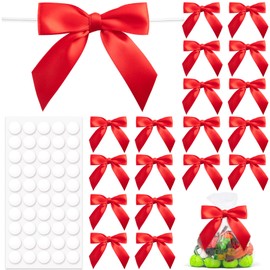 HINZIC 20pcs Twist Tie Bow, Premade Bow Decor, Small Satin Ribbon Bowknot for Christmas Wrapping Birthday Party Candy Cookies Treat Bags Decoration- Red