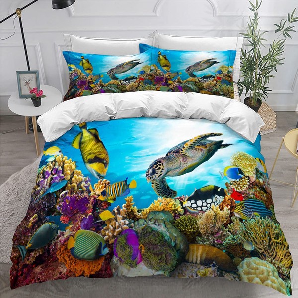 EHAOKK 3D Sea Animal Bed Linen Set, Dolphin, Turtle Bed Linen, Tropical Fish, Coral, Sea Life Duvet Cover, Blue Underwater World Duvet Cover for Children (B, 135 x 200 cm)