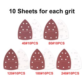 50 Pieces Sanding Pads Mouse Sandpaper Sheets Hook and Loop Assorted 40/80/ 120/180/240 Grits,11 Holes, 150 * 150 * 105 mm, Fit for Multi-Sander PSM 100A, PSM 200 AES and All Oscillating Multi-Tool