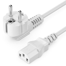 deleyCON 1 m IEC Power Cable, Protective Contact, Plug Type F (CEE 7/4), Angled 90° to IEC Coupling, C13 Socket, PC, Computer Monitor, Printer, Projector – White