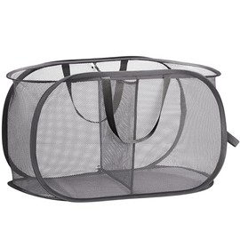 Foldable Laundry Basket - Popup and Collapsible, Durable Mesh Material, Folds for Storage, Easy Carry Handles. Great Hamper for College Dorm, Laundry Room or Travel. (Black| 2-Compartments)