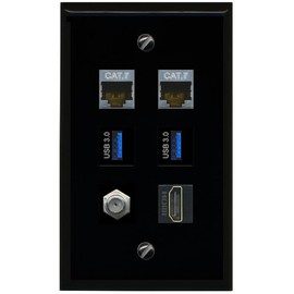 RiteAV 2 CAT7 Coax HDMI 2 USB 3 Flat/Solid Wall Plate [Black]