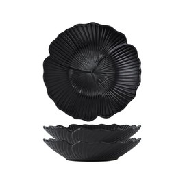 Jusalpha Set of 3-Japanese Style Flower Petal Shaped Porcelain Dinner Plates, Versatile Circular Serving Plates for Breakfast, Salad, Steak Dinner, PL019 (10 Inches, Black)