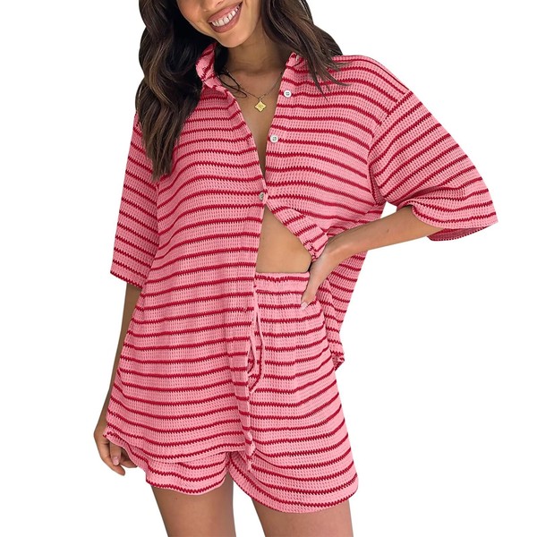 BWQ Women's Knit 2 Piece Outfits Casual Striped Button Down