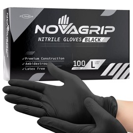 Novagrip JFA Medical Mechanic, Tattooist, Tattoo Disposable Powder Free Latex Free Black Nitrile Gloves - Box of 100 (Large)