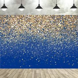 Blue and Gold Glitter Backdrop for Birthday Party, Sparkle Photo Background for Graduation, Wedding, Baby Shower, New Year, Shimmer Blue Gold Photography Backdrop for Photo Booth and Party Decoration
