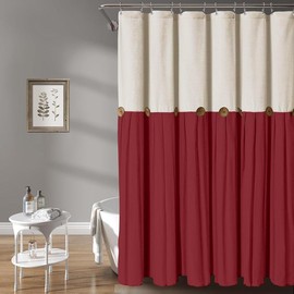 Linen Button Farmhouse Beige Shower Curtain,Linen and Cotton Woven Fabric,Pleated Brown Stripe,Country Style - Color: Cream & Red, Size: 72"L x 72"W