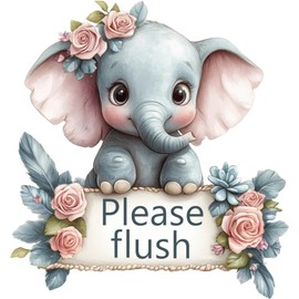Cute Elephant Bathroom Rose Toilet Sticker, Non Transparent Waterproof Please Flush Flower Wall Art Decal Kids and Childrens Vibrant Loo Seat Sign with Roses