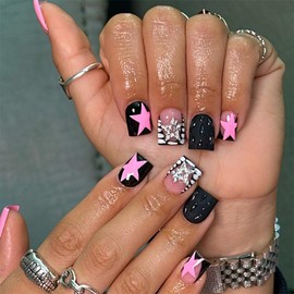24 Pcs Square Press on Nails Short Nail Tips,YEFIUO Acrylic Nail Kit Fake Nails Press ons Stick on Nails Artificial Black False Nails Glue on Nails 3D Drop Alloy Pentagram Nail Charms Design for Women