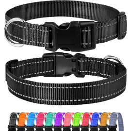FunTags Reflective Dog Collar, Sturdy Nylon Collars for Medium Girl and Boy Dogs, Adjustable Dog Collar with Quick Release Buckle, Black