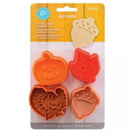 R&M Autumn Pastry Cookie Stampers 4 Pc Set R&M Pumpkin Leaf Acorn Turkey Thanksgivin