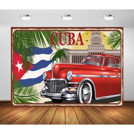BELECO 9x6ft Fabric Cuba Havana Backdrop Cuban Flag Vintage Classic Red Car Palm Trees Background Poster for Cuba Havana Party Decorations Photo Booth Shoot Studio Props