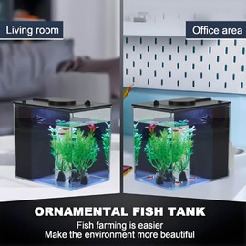 Mini Fish Tank Betta Aquarium Starter Kits Multifunctional Desktop with Switch Button LED Aquarium Kit White, 1 Gallon（Black）