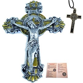 Holy Land Market Wall St. Benedict Cross/Crucifix Set - 10" & 3" (Silver/Gold Tones) - Holy Land Olive Wood Cross