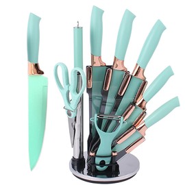 Kitchen Knife Set, 9Pcs Stainless Steel Non Stick Knife Block Set, Sharp Cutlery Knives Set with Sharpener Knives Set with Rotatable Storage Stand,Scissors (Teal)