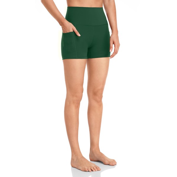 HeyNuts Women's Workout Shorts with Side Pockets, High Waisted Yoga Leggings Running Spandex Shorts 4'' Everglade Green M(8/10)