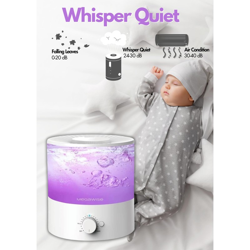 MEGAWISE Sleek 1.5L Humdifier for Bedroom, Baby,Plant, 24dB Cool Mist