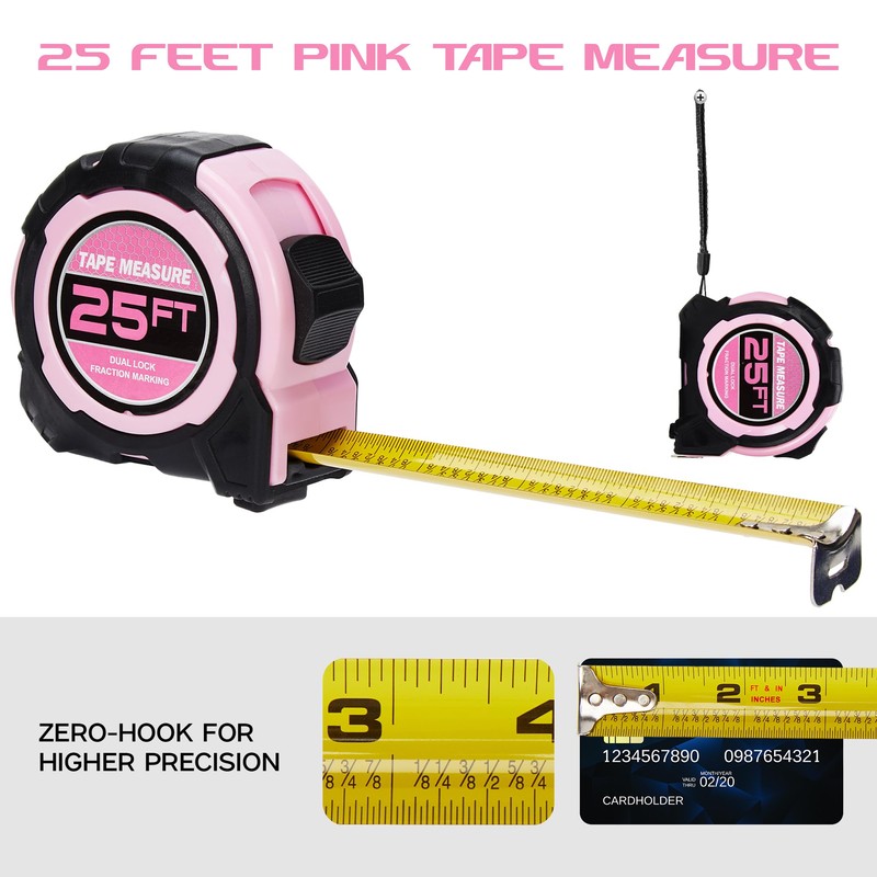 2 Pcs Tape Measure Pink,25FT Dual Lock, Fraction Marking