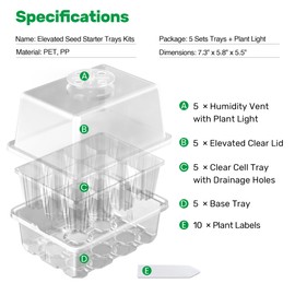 Bonviee 10 Packs Seed Starter Tray with Elevated Lid, 120 Cells Thicken Seed Starting Trays Kit with Adjustable Humidity Vent, Clear Cell Tray and Heightened Lids for Greenhouse & Gardens, Clear