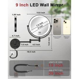 Gospire 9” Wall Mounted Lighted Magnifying Mirror, 1X/10X Magnification Double-Sided LED Bathroom Mirror, 3 Color Lights & Stepless Dimming with Touch Sensor, Extendable Arm 360° Swivel for Shaving