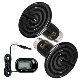 Simple Deluxe 100W 2-Pack Ceramic Heat Lamp Reptile Heat Emitter Heater Lamp Bulb No Light with Free Digital-Thermometer, for Pet Brooder Coop Chicken, Dragon Turtle Lizard Snake Aquarium Tank Black