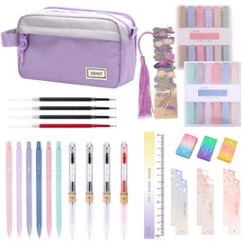 36pcs School Supplies Aesthetic with Pencil Case Color Highlighters Ink Pens Mechanical Pencil 0.5 & 0.7 mm Stationary Set for Student College University Essentials (Purple)