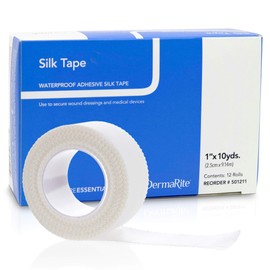 DermaRite Waterproof Adhesive Silk Tape, 1" x 10 Yards, 12 Pack - High Strength Surgical Tape for Skin - Hypoallergenic Medical Tape - Flexible, Bidirectional Tearing - Adheres Gently, Removes Easily