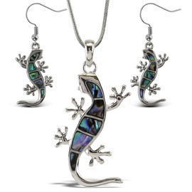 Aqua79 Gecko Necklace & Earrings Jewelry Set - Silver Pendant with Snake Chain Necklace & Dangle Hook Earrings Made with Natural Paua Abalone Shell - 18 Inch