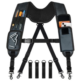 FUZVOL Tool Belt Suspenders, Tool Bag Suspenders, Work Belt Suspender with Magnetic Wristband and Loop Attachment, Padded Construction Suspender for Carpenter, Electrician, Framer, Black