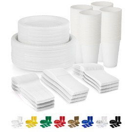 Grandipity 720 Piece White Disposable Dinnerware Set, Plastic Dinnerware Set Includes 120 Count 9' Dinner Plates, 7' Dessert Plates, 12oz Cups, Forks, Knives & Spoons