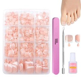 French Fake Toe Nails Set - 240Pcs Press on Nails for Toe - Square False Toenails Short - French Tip Toe Nail with Glue - Full Cover Stick on Toenails for Women Girls Daily Nail Art (Pink 03)