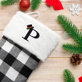 Senneny Christmas Stockings with Initials, 20 Inch Large Black White Buffalo Plaid Monogram Xmas Stockings with White Plush Faux Fur Cuff, Christmas Decorations for Family Holiday Party, Letter T