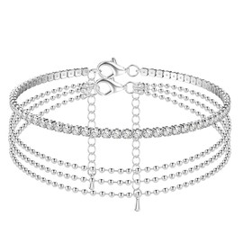 CASSIECA Ankle Bracelets for Women, Silver Anklets Adjustable for Women Girls Women’s Anklets Layered Ankle Bracelets Layered Beads Tennis Waterproof Anklets for Women Silver Women Beach Jewellery