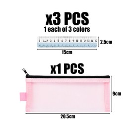 3 Pieces Transparent Ruler, 1 Piece Mesh Pencil Case, Kids Ruler, Mini Ruler, Double Scale Ruler, Drawing Ruler for Students, 15 cm Shatterproof Measuring Ruler