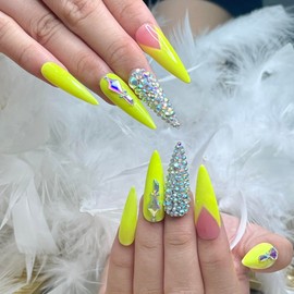 Press on Nail Handmade 3D Flowers Glossy with Rhinestones, Luxury Extra Long Coffin Square Fake Nails, False Tip For Women and Girls Full Cover - Haflona (Neol Size S&M)